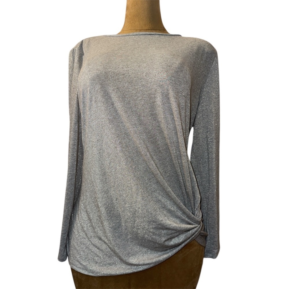 Ann Taylor Grey & Silver Sparkle Top, Side Knot Shirt, Long Sleeve, Women’s XL‌